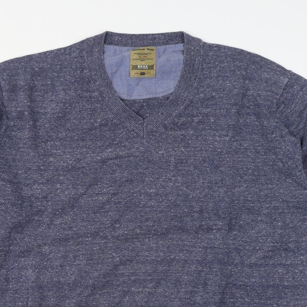 BRAX Mens Blue V-Neck  Cotton Pullover Jumper Size L
