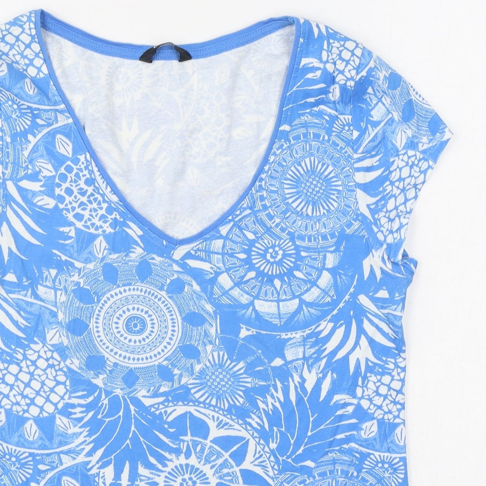 George Womens Blue Geometric 100% Cotton Basic T-Shirt Size 12 V-Neck