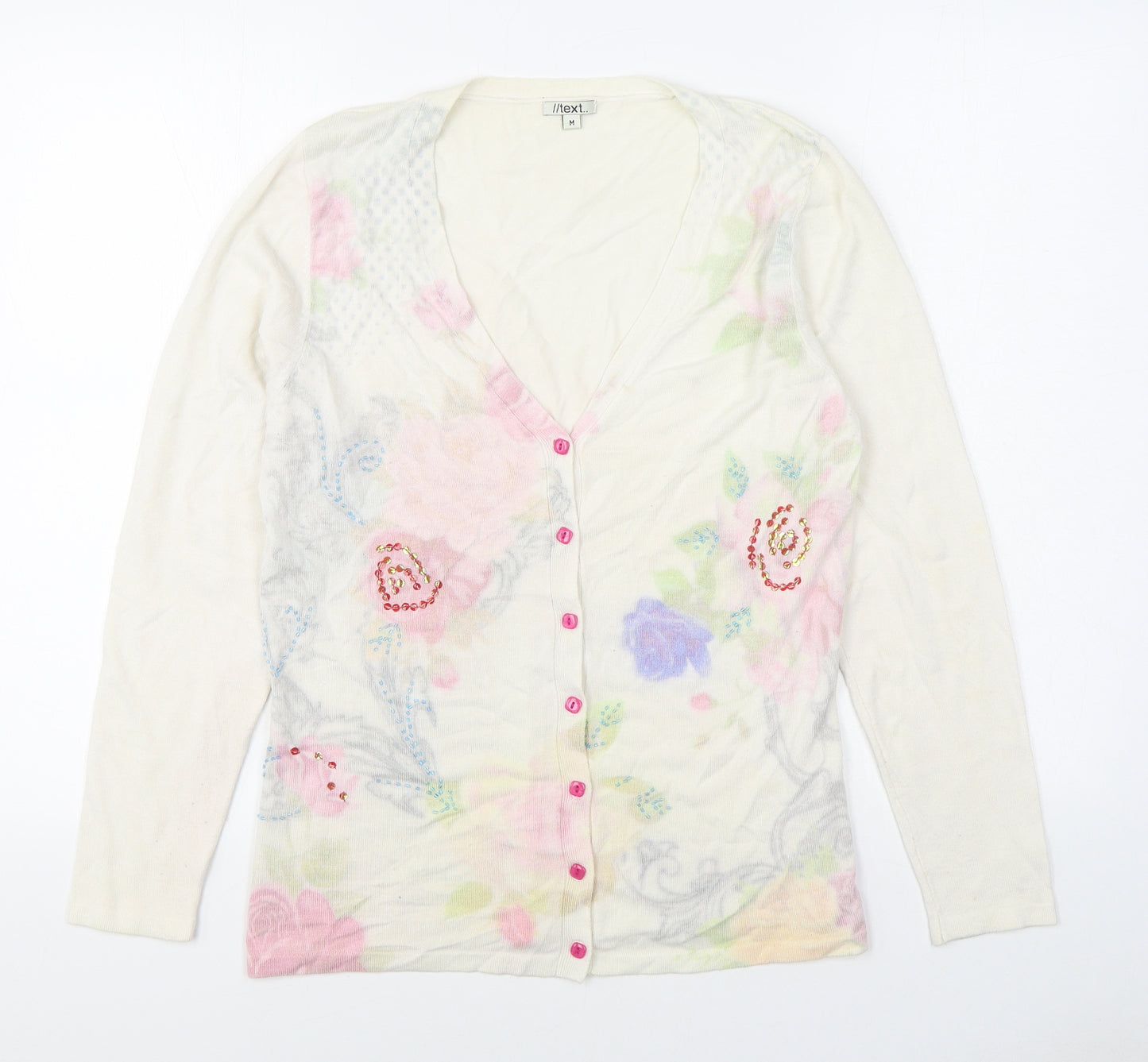 Text Womens White V-Neck  Acrylic Cardigan Jumper Size M