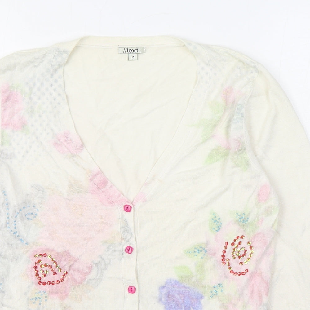 Text Womens White V-Neck  Acrylic Cardigan Jumper Size M
