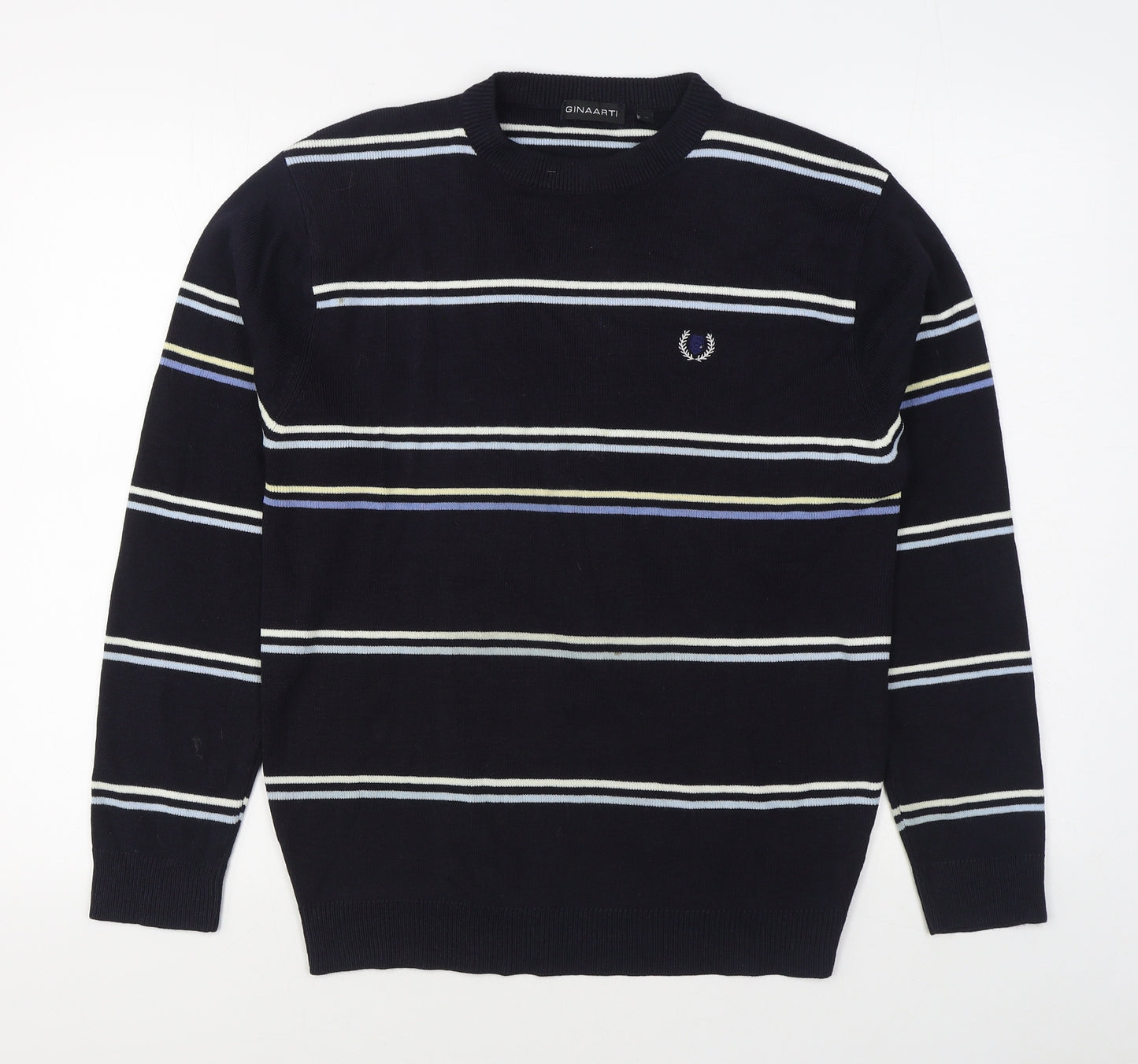 Ginaarti Mens Blue Round Neck Striped Acrylic Pullover Jumper Size S