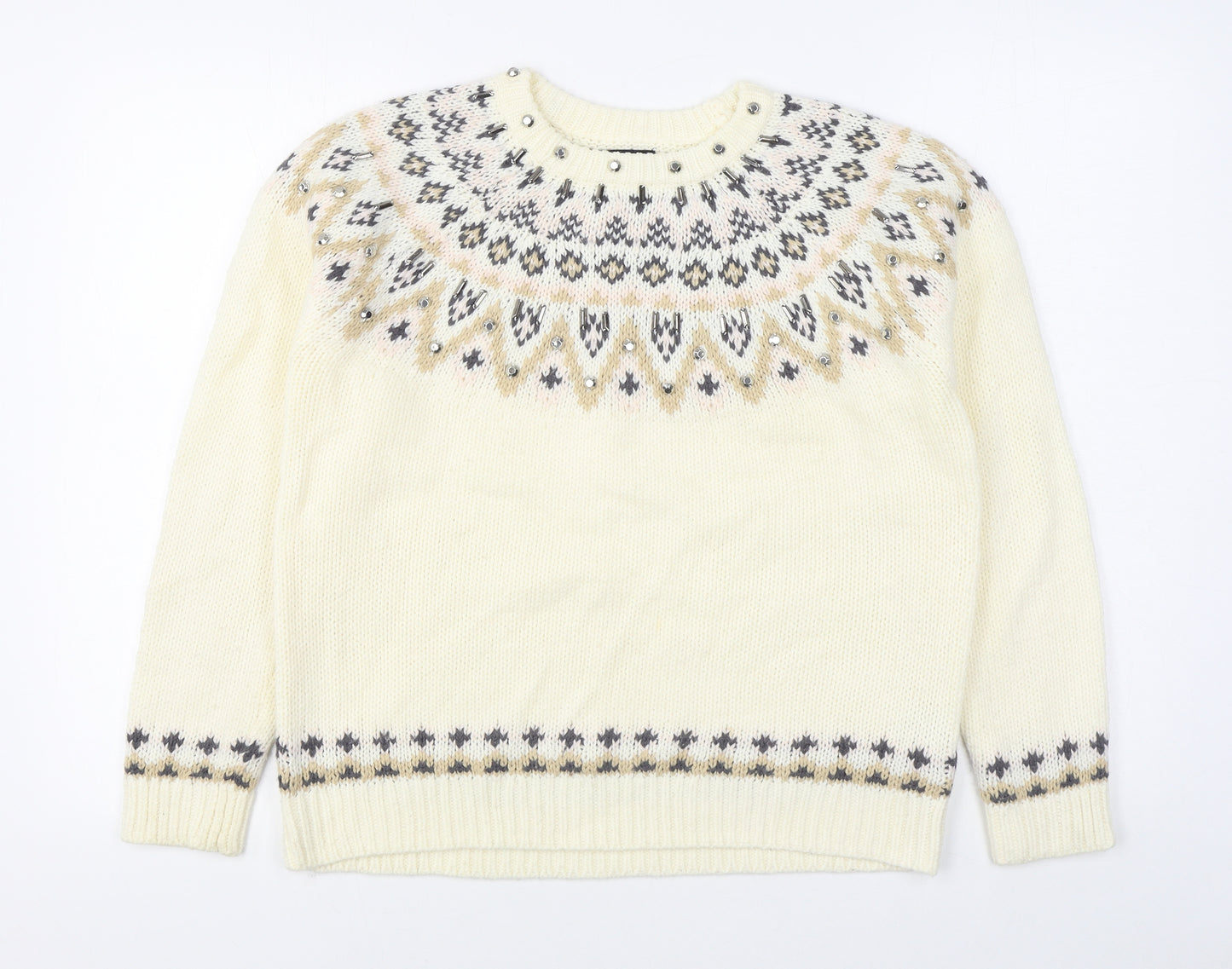 F&F Womens White Round Neck Fair Isle Acrylic Pullover Jumper Size 14