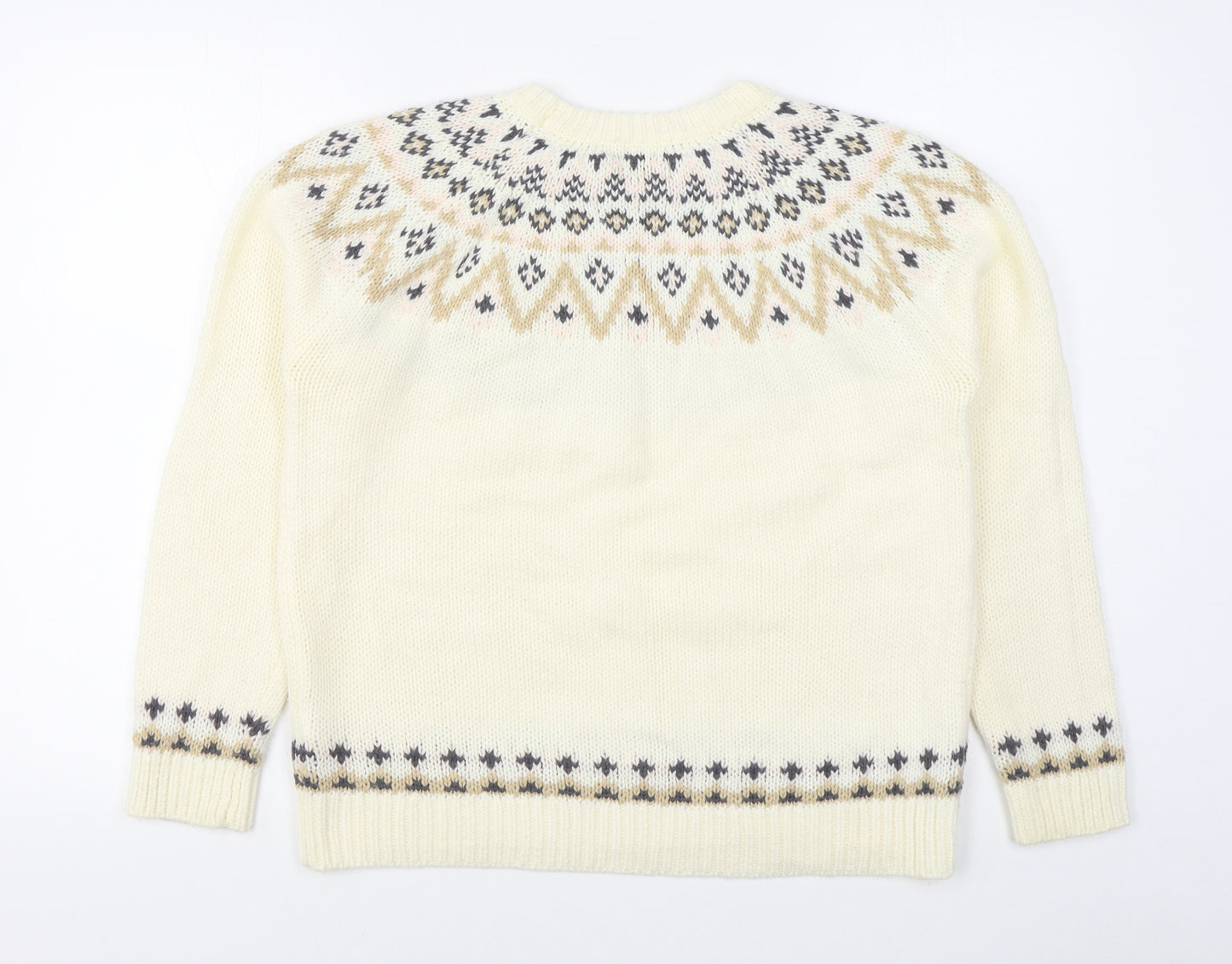 F&F Womens White Round Neck Fair Isle Acrylic Pullover Jumper Size 14