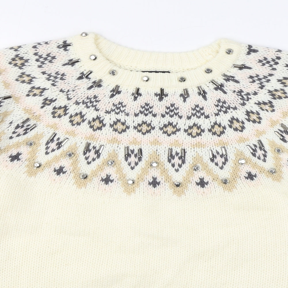 F&F Womens White Round Neck Fair Isle Acrylic Pullover Jumper Size 14