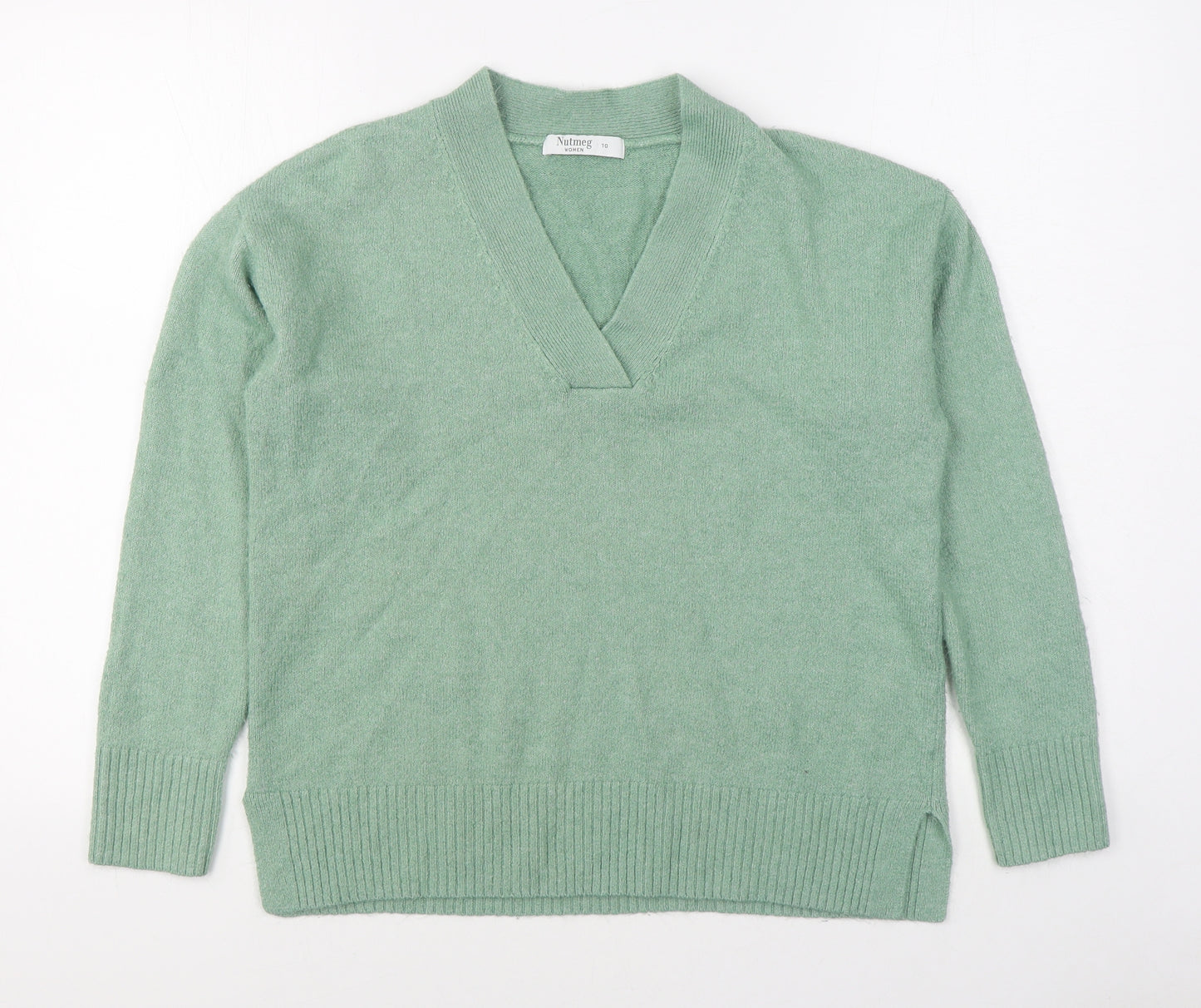 Nutmeg Womens Green V-Neck  Acrylic Pullover Jumper Size 10