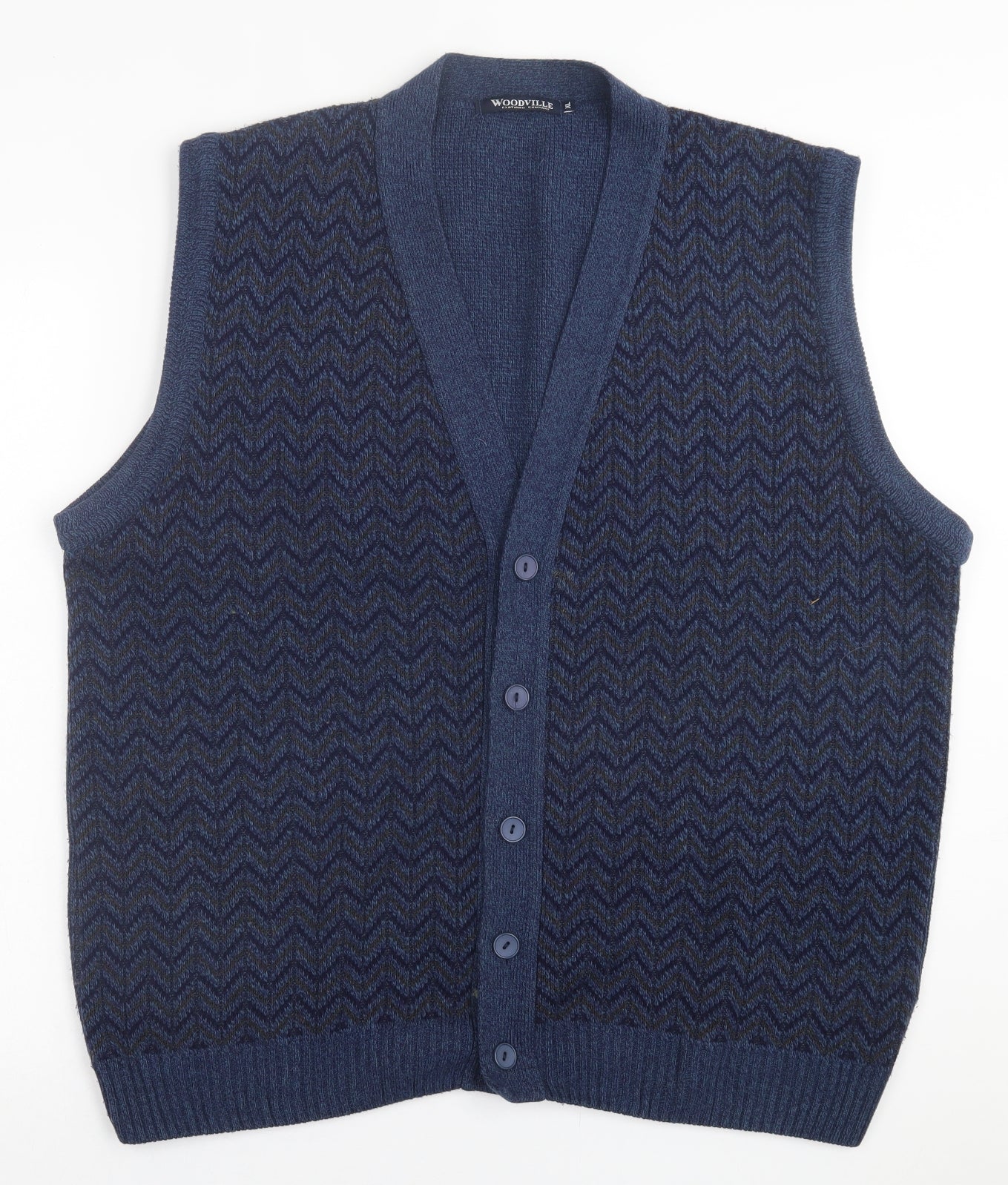 WOODVILLE Mens Blue V-Neck Geometric Acrylic Cardigan Jumper Size XL