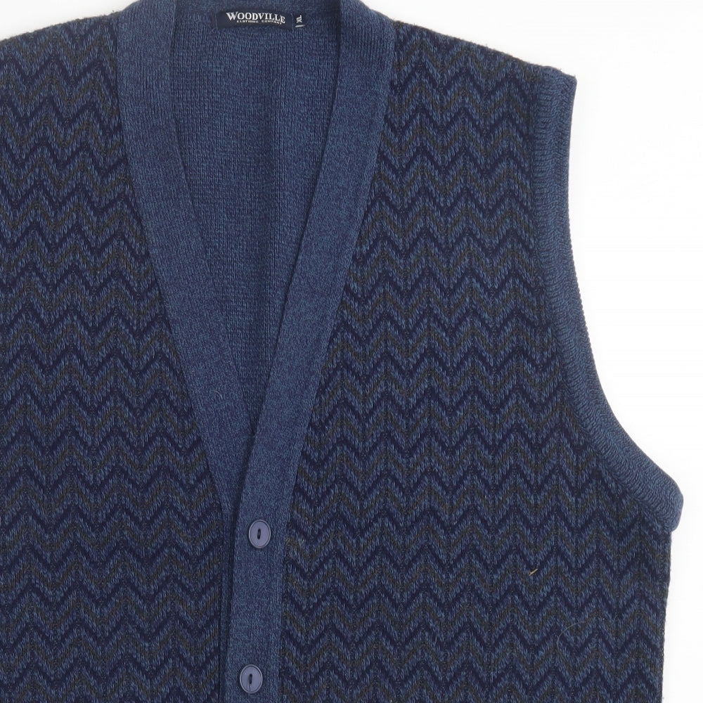 WOODVILLE Mens Blue V-Neck Geometric Acrylic Cardigan Jumper Size XL