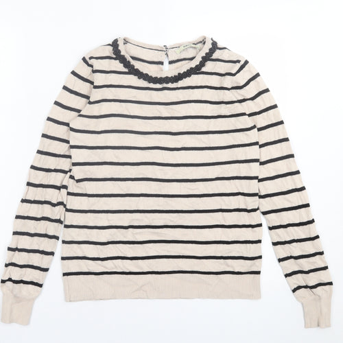 Oasis Womens Beige Crew Neck Striped Cotton Pullover Jumper Size S