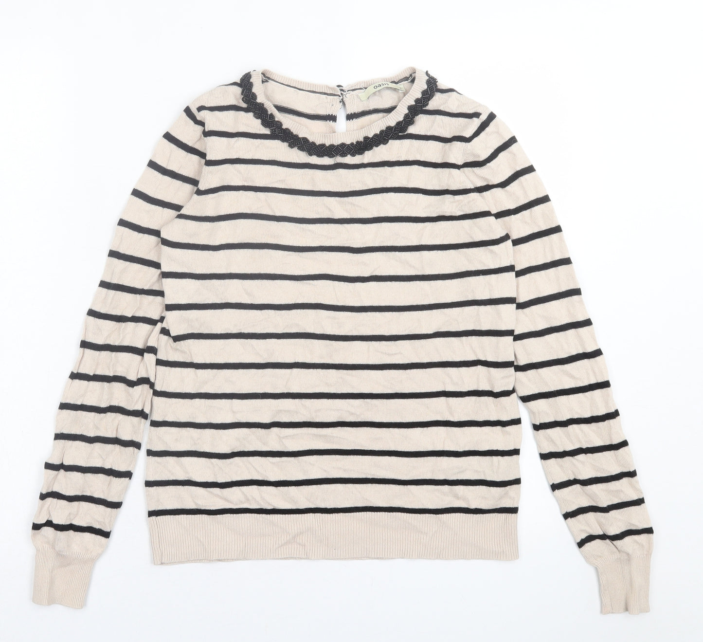 Oasis Womens Beige Crew Neck Striped Cotton Pullover Jumper Size S