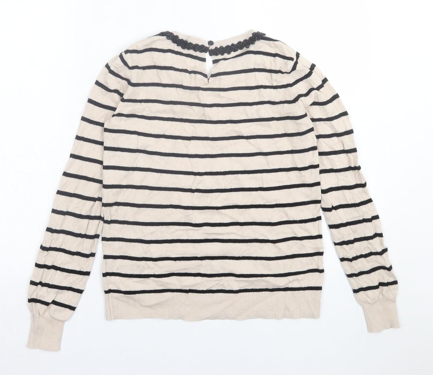 Oasis Womens Beige Crew Neck Striped Cotton Pullover Jumper Size S
