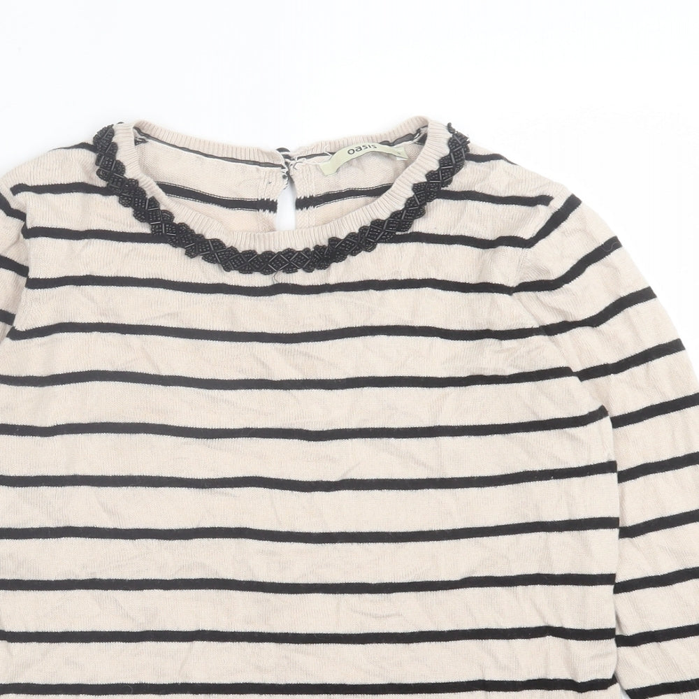 Oasis Womens Beige Crew Neck Striped Cotton Pullover Jumper Size S