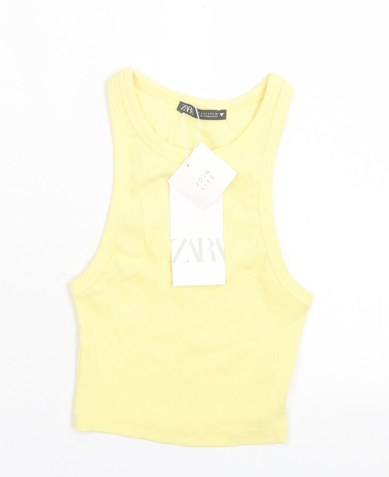 Zara Womens Yellow  Cotton Cropped Tank Size S Crew Neck