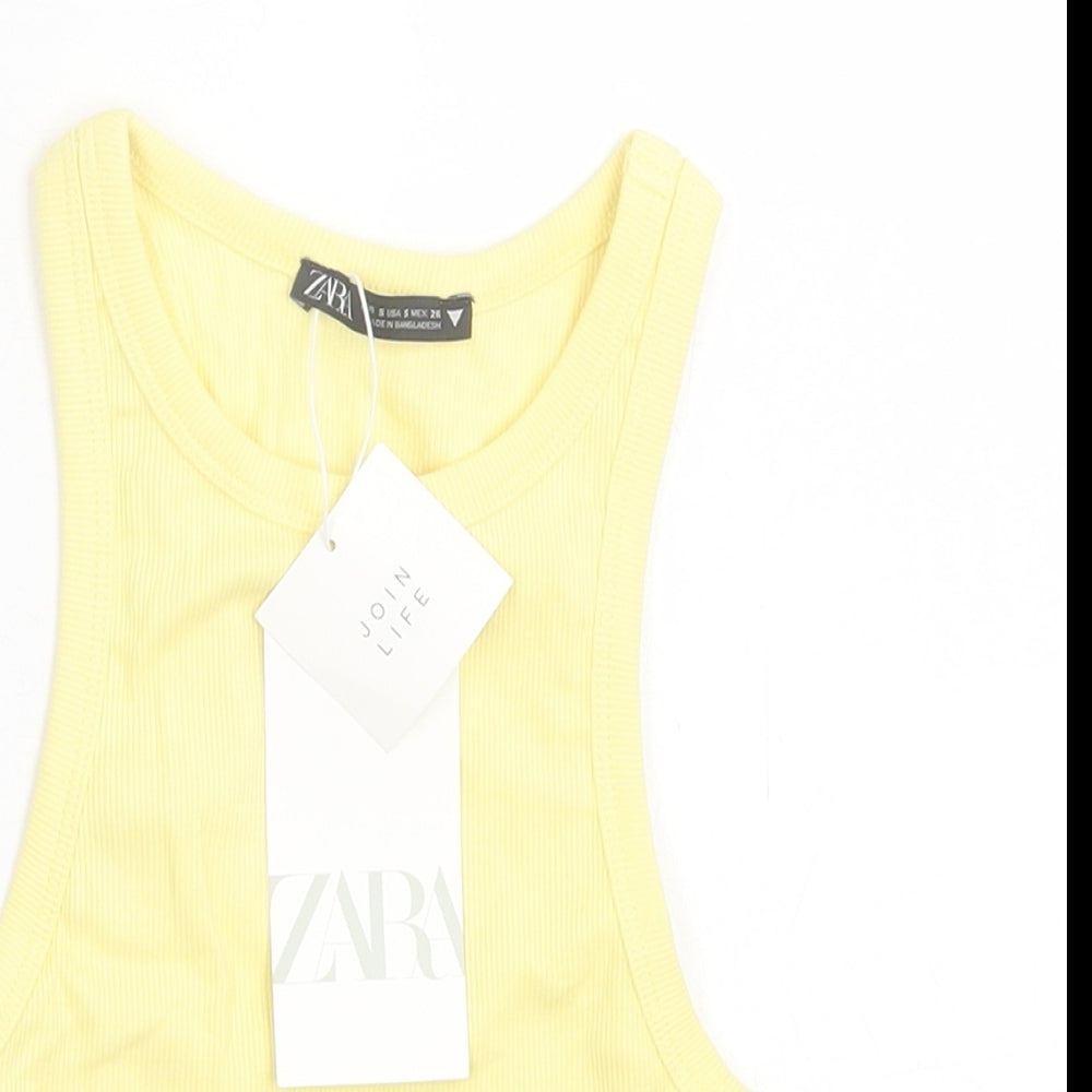 Zara Womens Yellow  Cotton Cropped Tank Size S Crew Neck