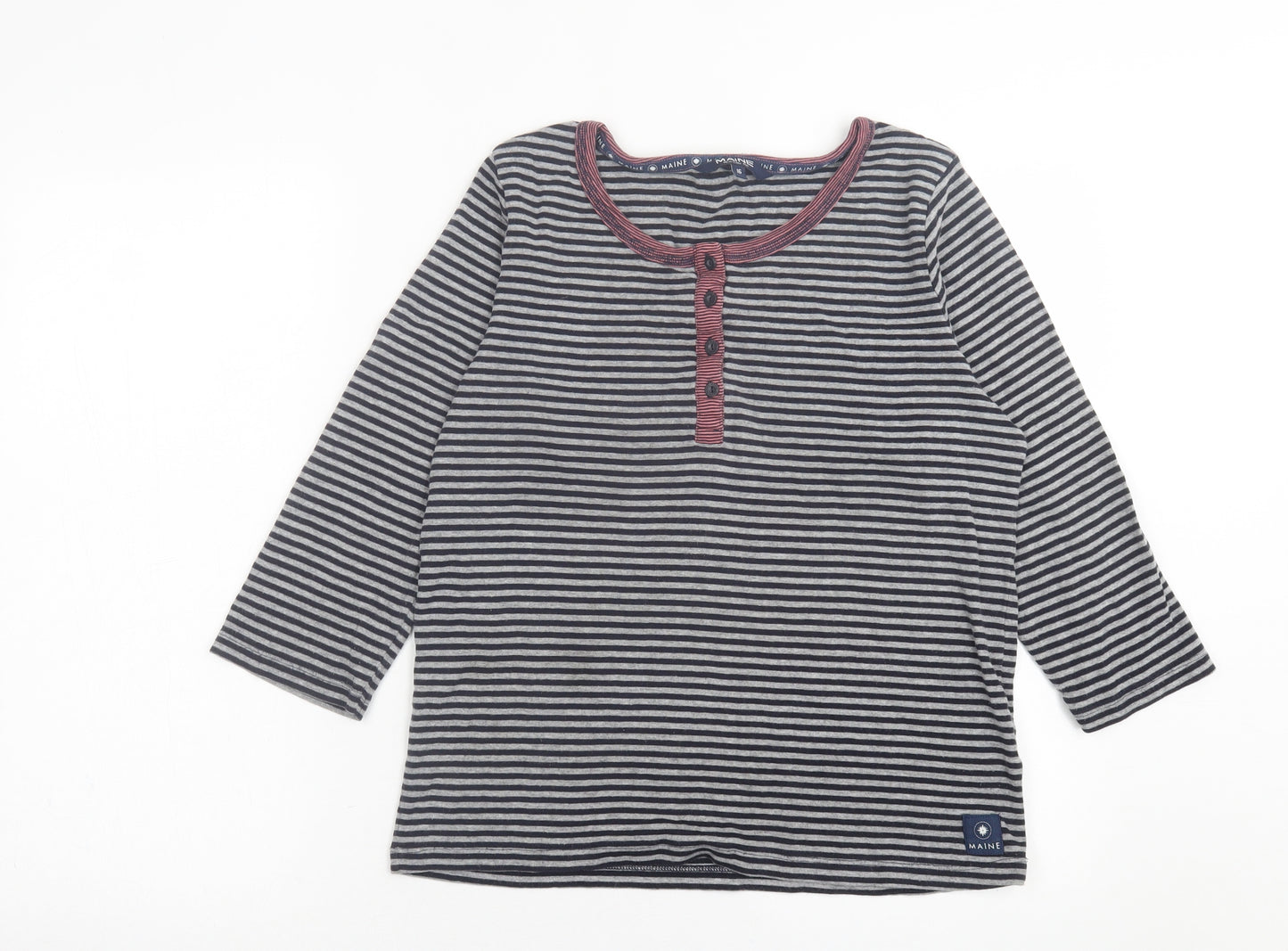 Maine Womens Grey Striped Cotton Basic T-Shirt Size 16 Crew Neck