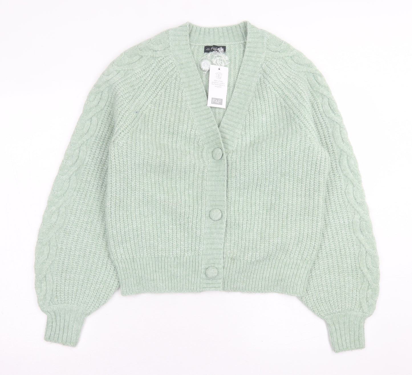F&F Womens Green V-Neck  Polyester Cardigan Jumper Size S