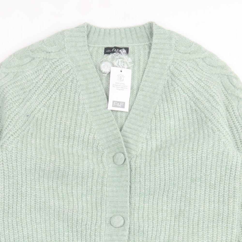 F&F Womens Green V-Neck  Polyester Cardigan Jumper Size S