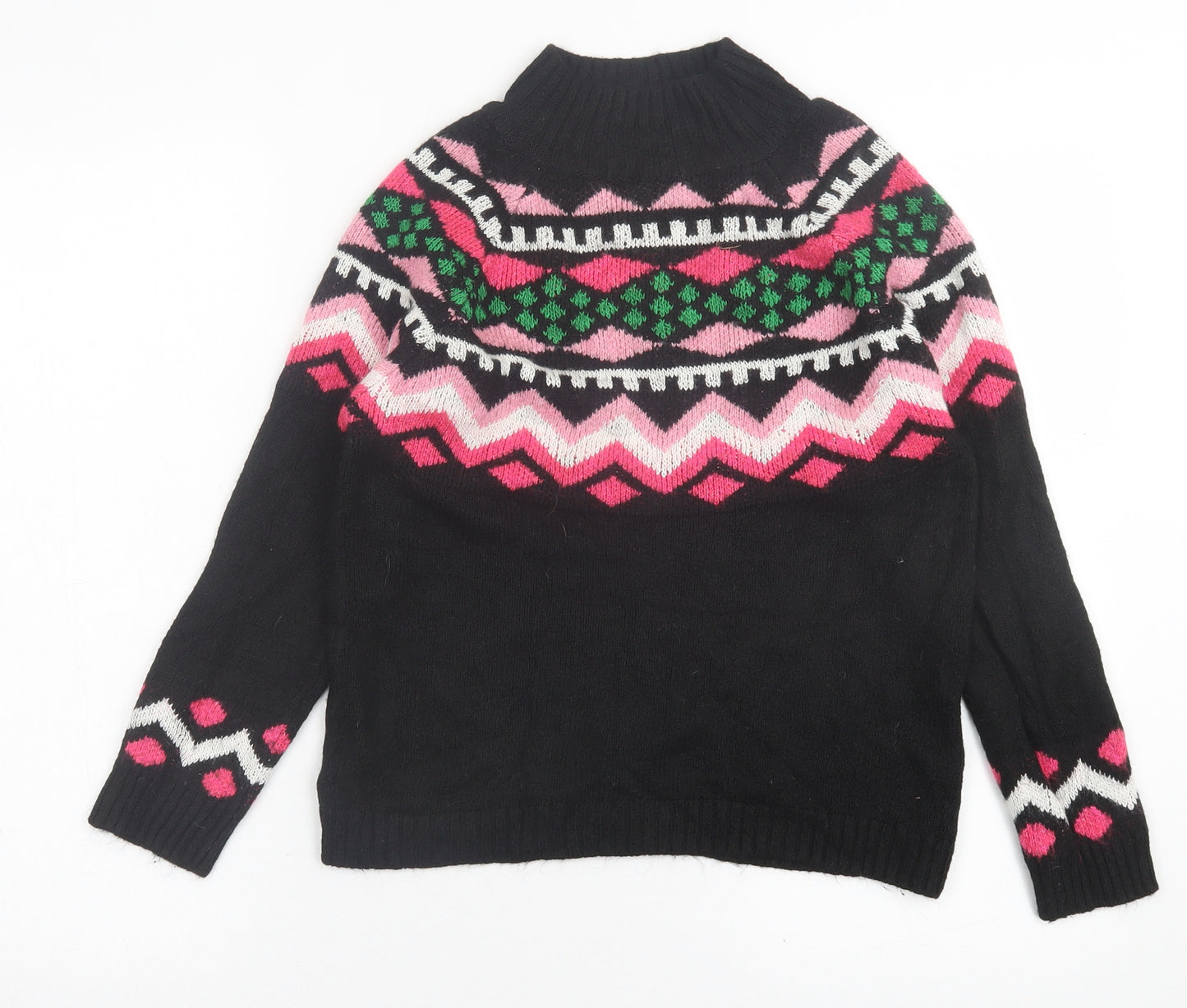 Papaya Womens Black Crew Neck Fair Isle Acrylic Pullover Jumper Size S