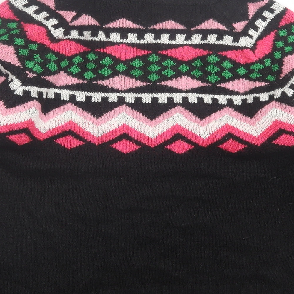 Papaya Womens Black Crew Neck Fair Isle Acrylic Pullover Jumper Size S