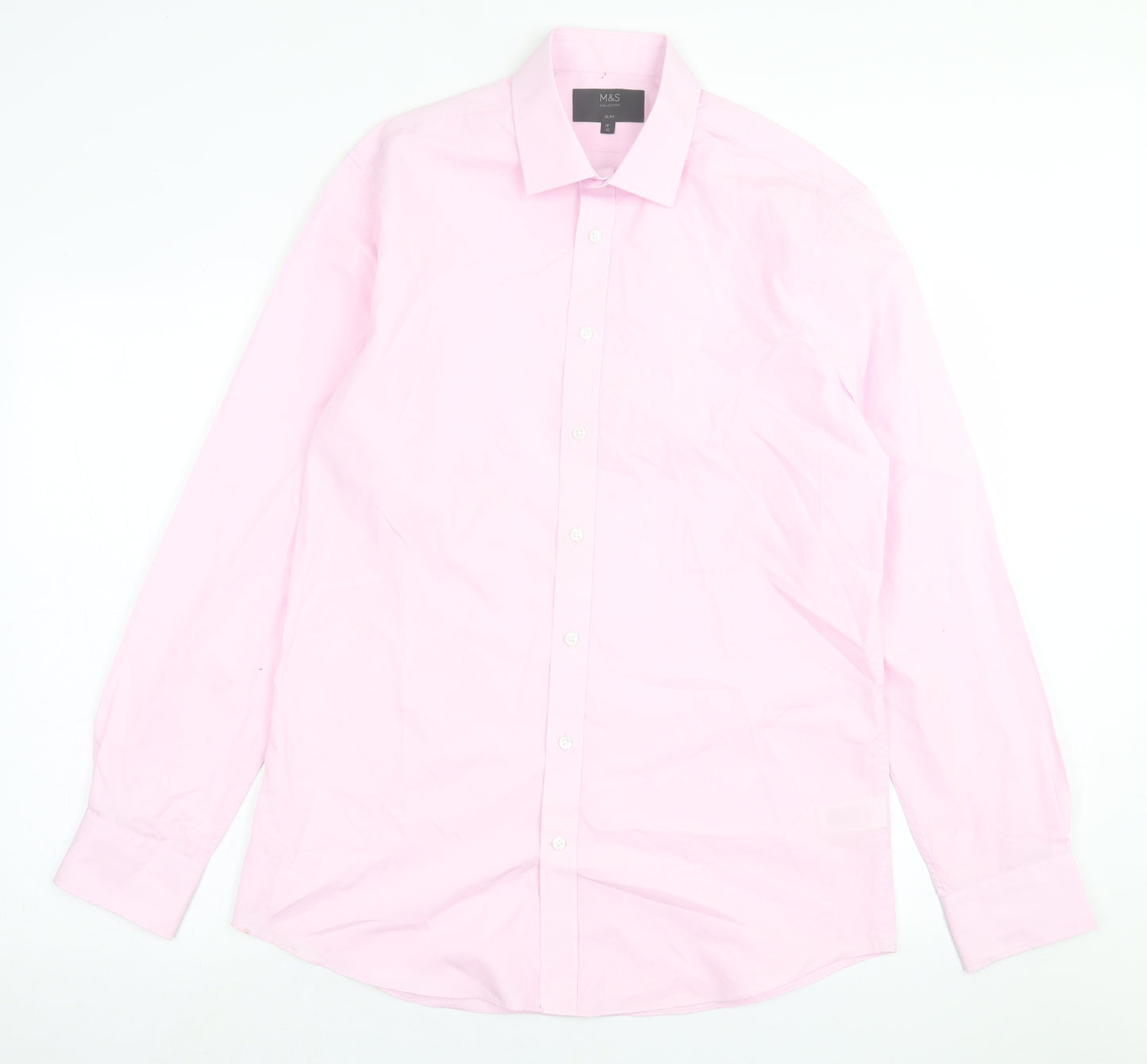Marks and Spencer Mens Pink  Polyester  Dress Shirt Size 16 Collared Button