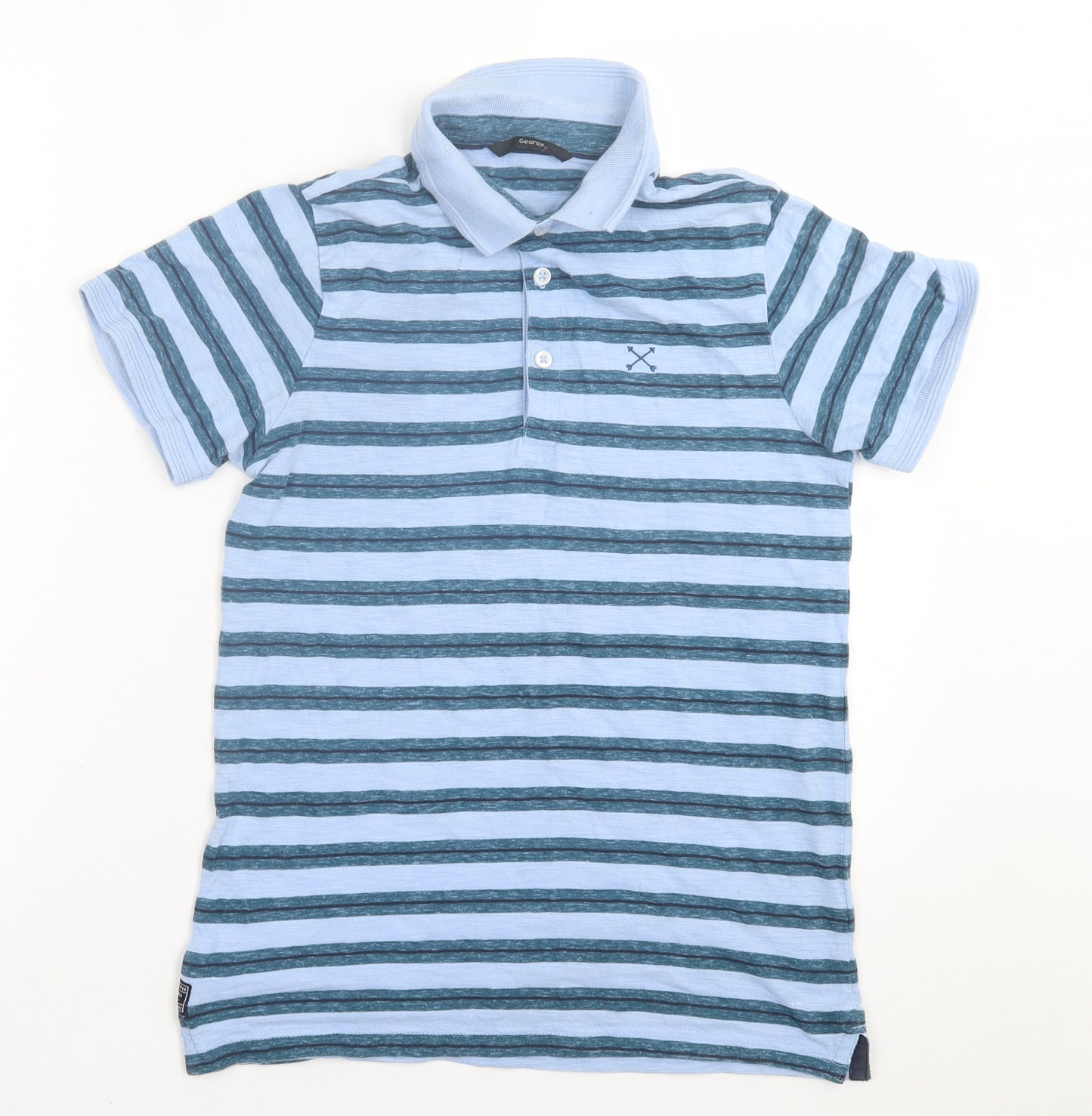 George Boys Blue Striped Cotton Basic Polo Size 13-14 Years Collared Button