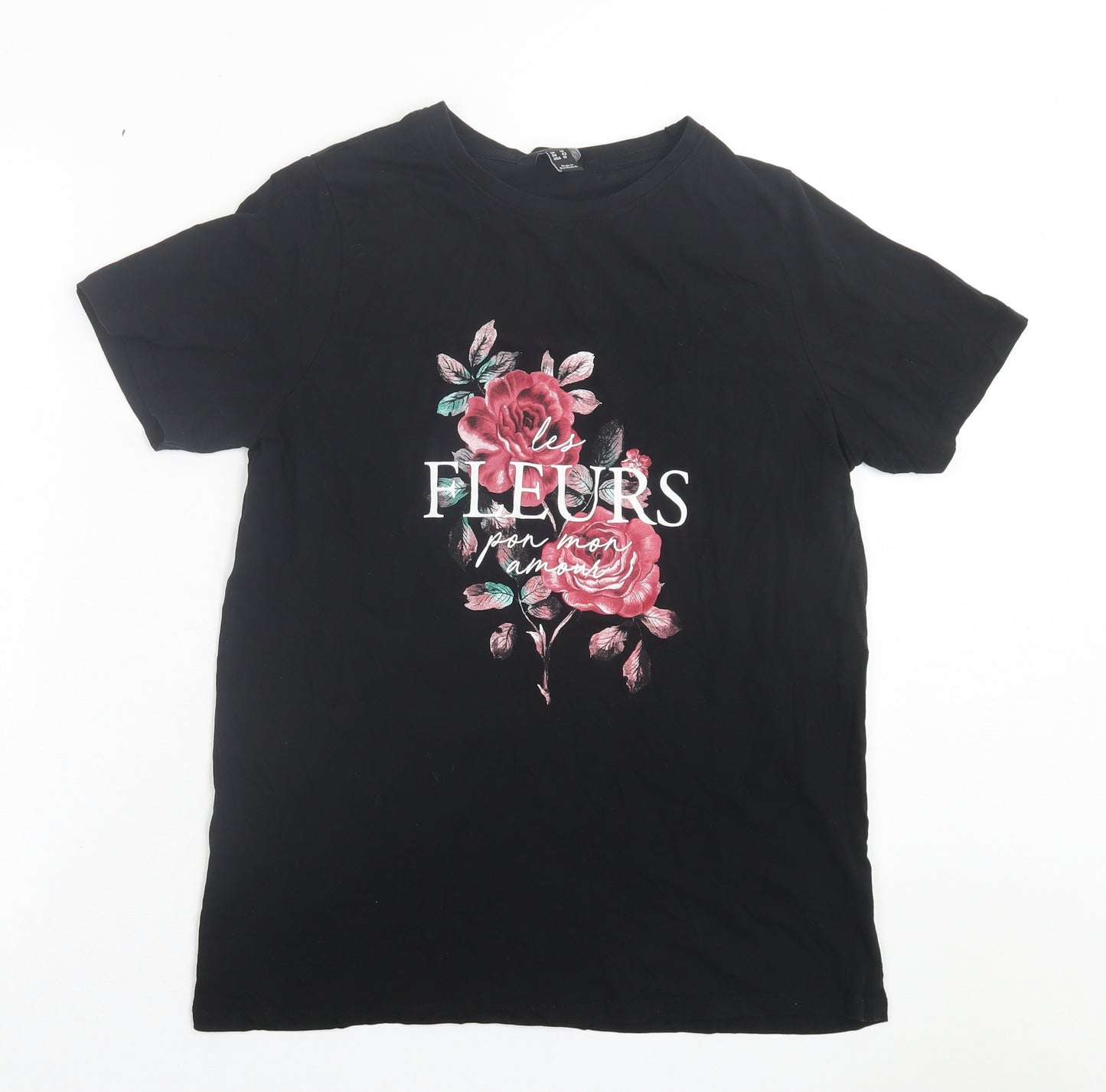 New Look Womens Black Floral Cotton Basic T-Shirt Size 14 Crew Neck