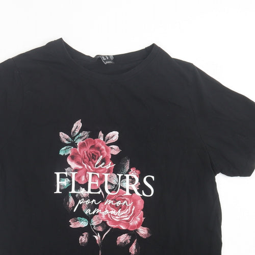 New Look Womens Black Floral Cotton Basic T-Shirt Size 14 Crew Neck