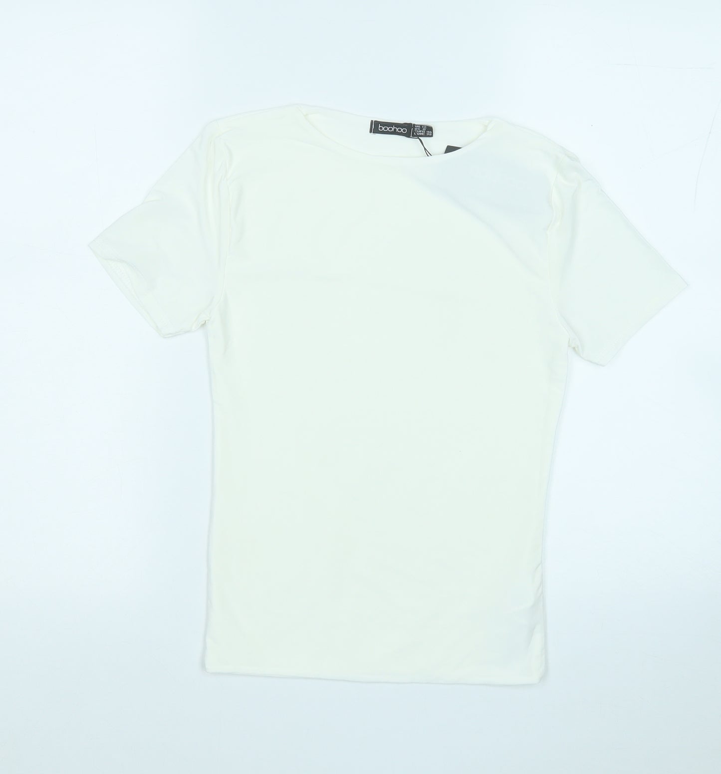 Boohoo Womens White  Polyester Basic T-Shirt Size 12 Round Neck