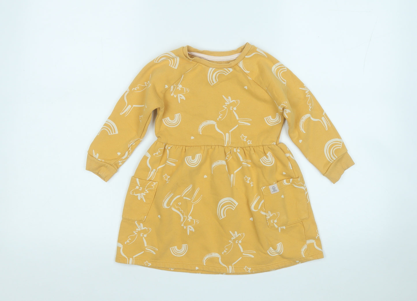 Nutmeg Girls Yellow Geometric Cotton Fit & Flare  Size 2 Years  Round Neck  - Unicorn