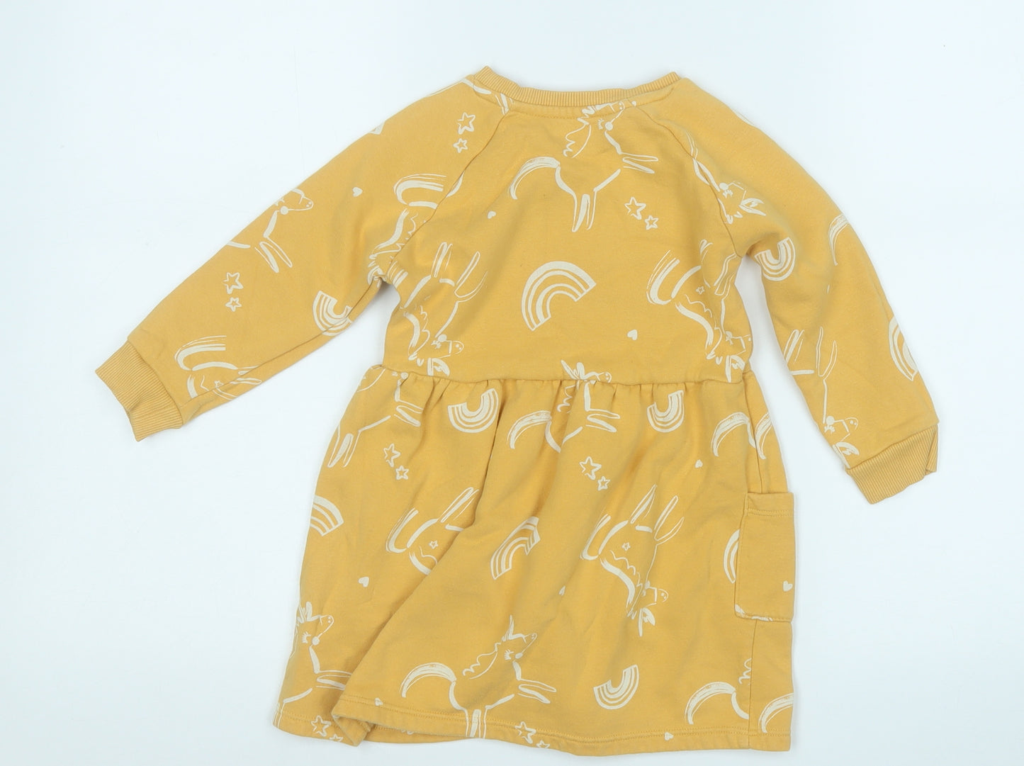 Nutmeg Girls Yellow Geometric Cotton Fit & Flare  Size 2 Years  Round Neck  - Unicorn