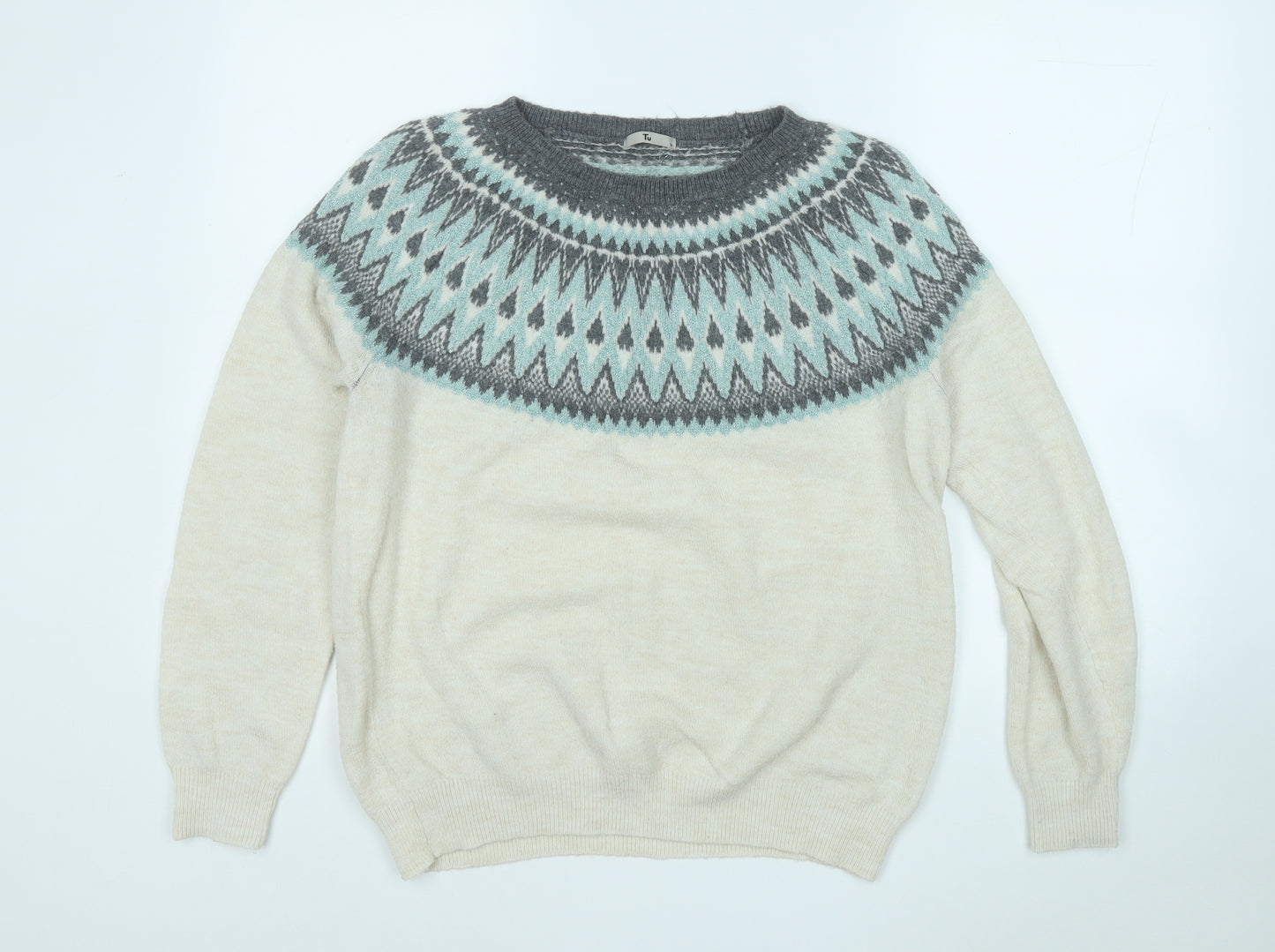 TU Womens Beige Round Neck Geometric Acrylic Henley Jumper Size 16
