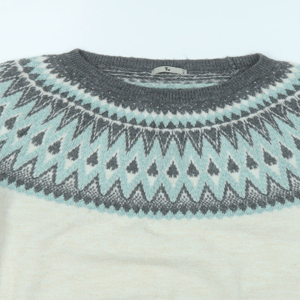 TU Womens Beige Round Neck Geometric Acrylic Henley Jumper Size 16