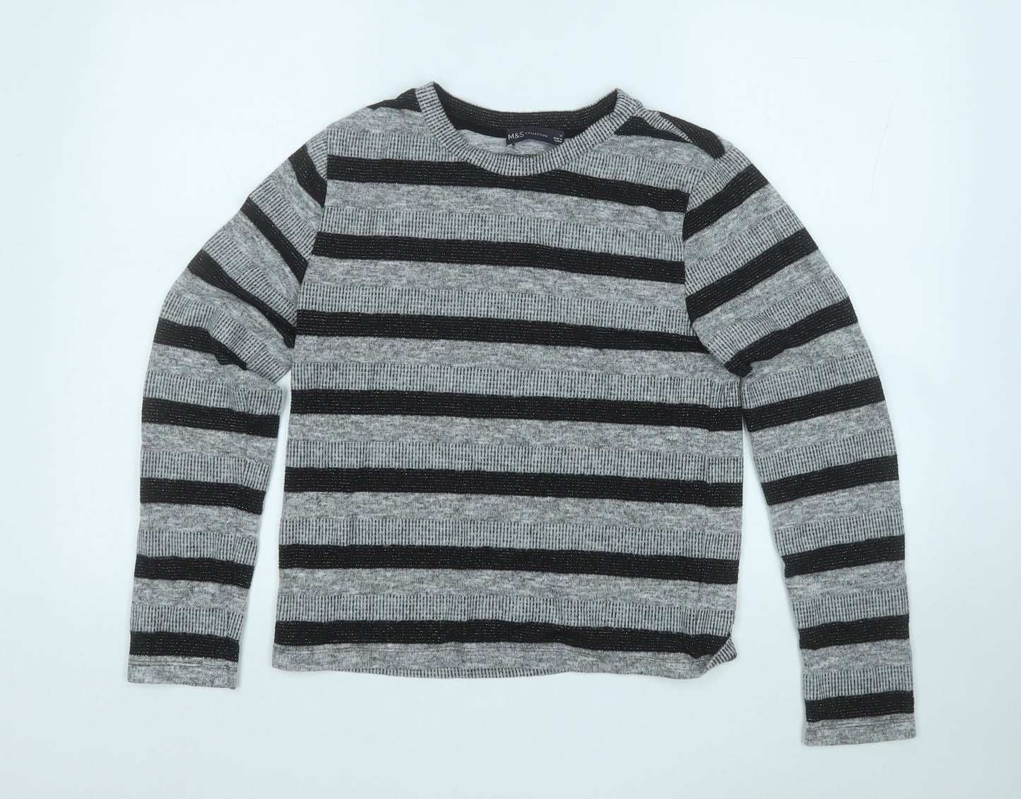 Marks and Spencer Womens Grey Round Neck Striped Polyester Pullover Jumper Size 12