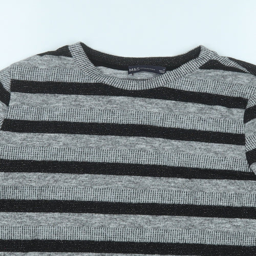 Marks and Spencer Womens Grey Round Neck Striped Polyester Pullover Jumper Size 12