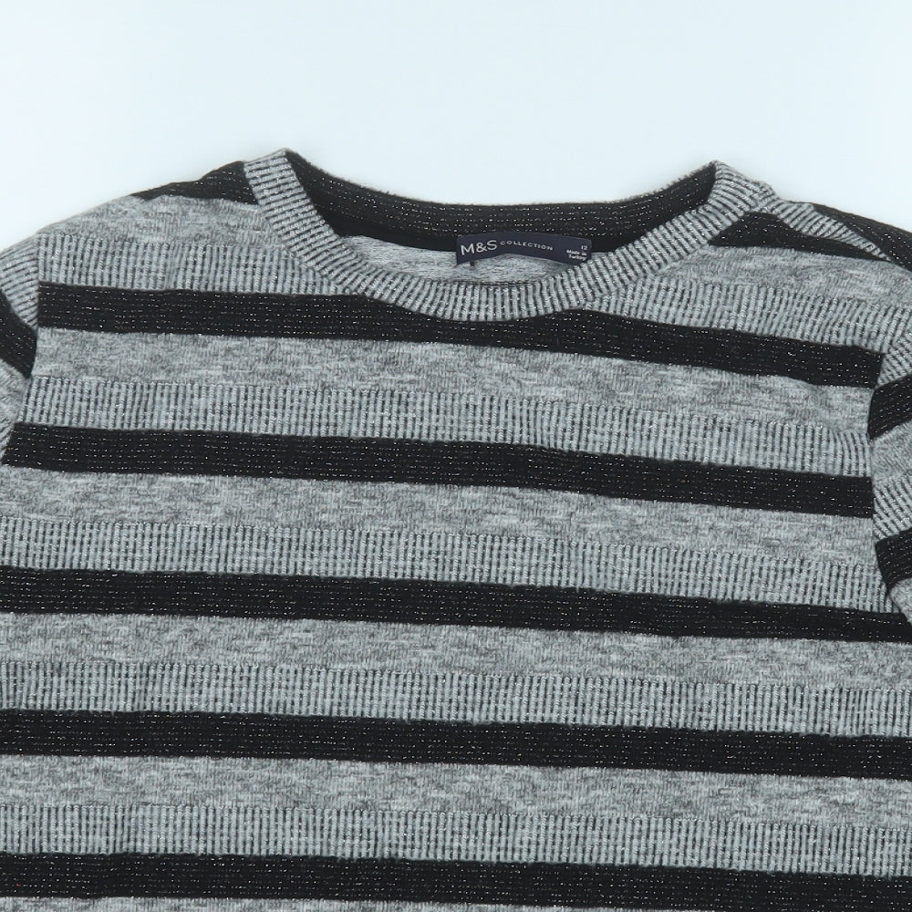 Marks and Spencer Womens Grey Round Neck Striped Polyester Pullover Jumper Size 12