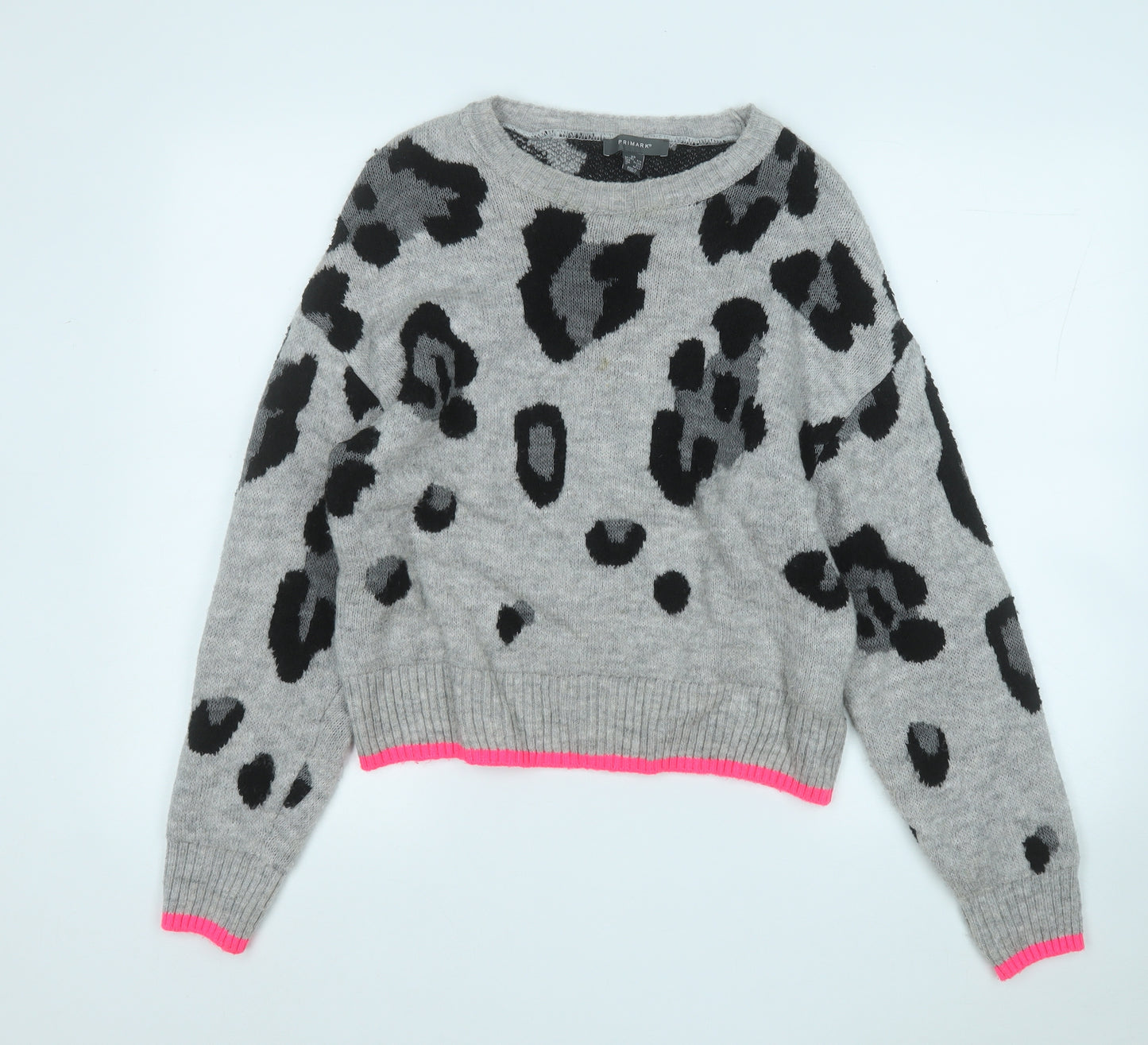 Primark Womens Grey Round Neck Animal Print Acrylic Pullover Jumper Size 6