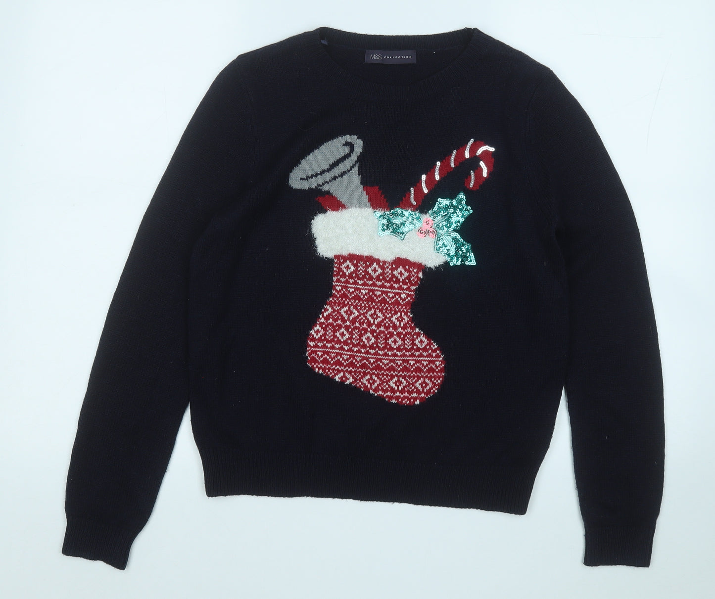 Marks and Spencer Womens Blue Round Neck  Acrylic Pullover Jumper Size 12   - Christmas Jumper