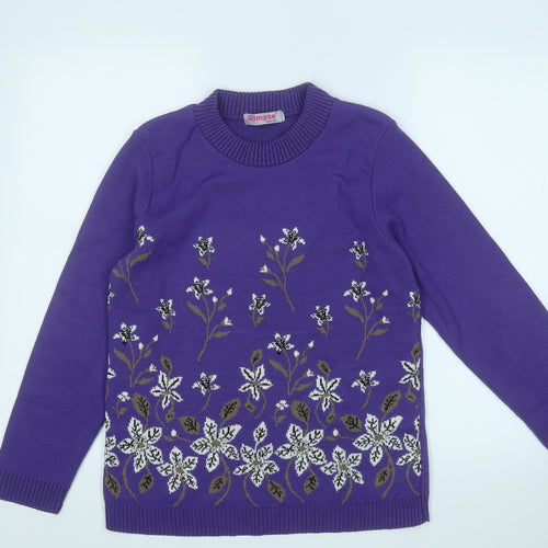 Glimpse Design Womens Purple Round Neck Floral Acrylic Pullover Jumper Size M