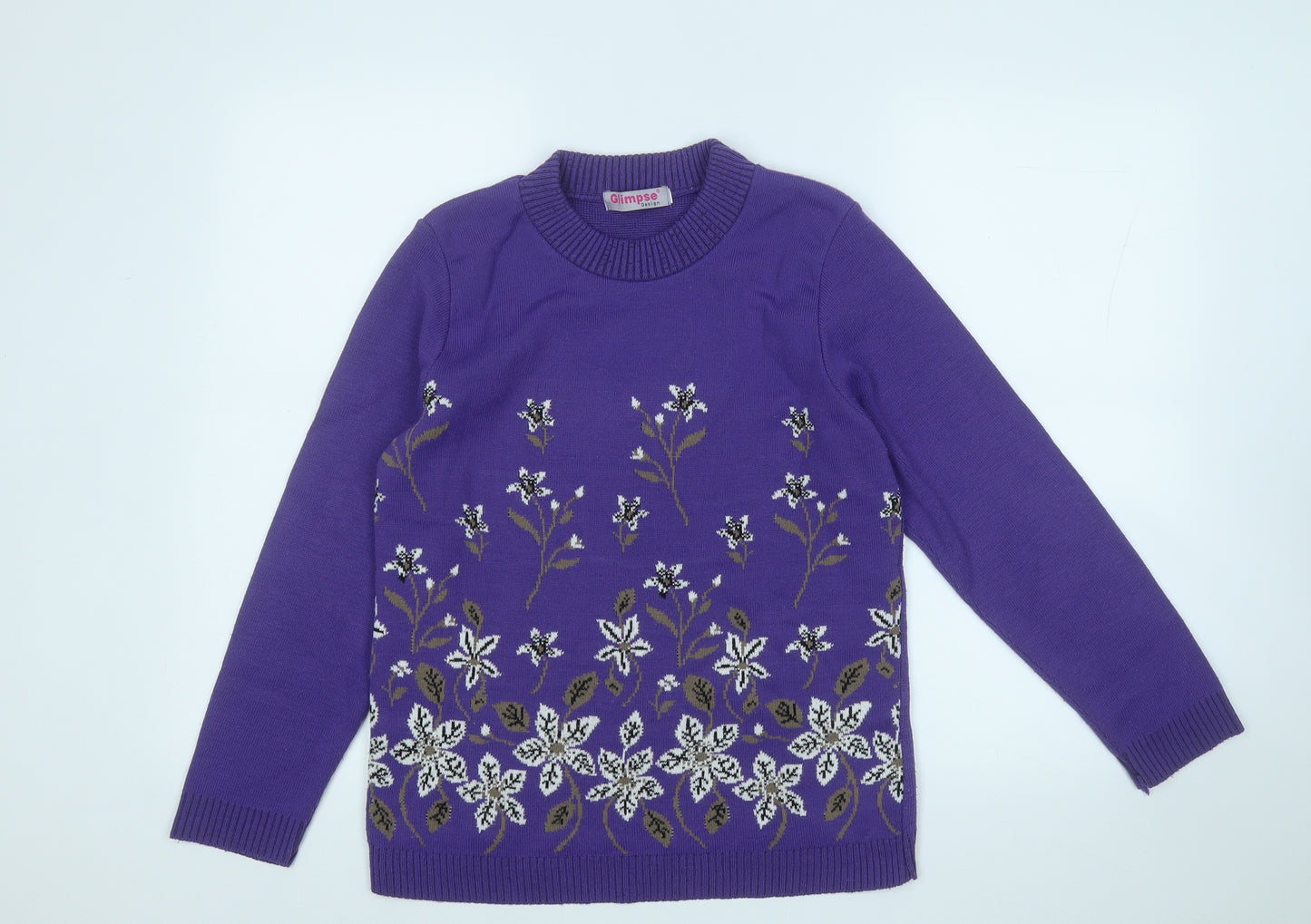 Glimpse Design Womens Purple Round Neck Floral Acrylic Pullover Jumper Size M