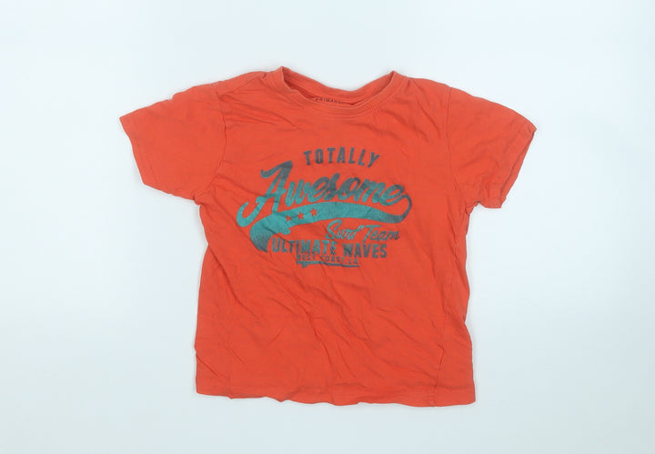 Primark Boys Orange  Cotton Basic T-Shirt Size 5-6 Years Round Neck  - Totally Awesome