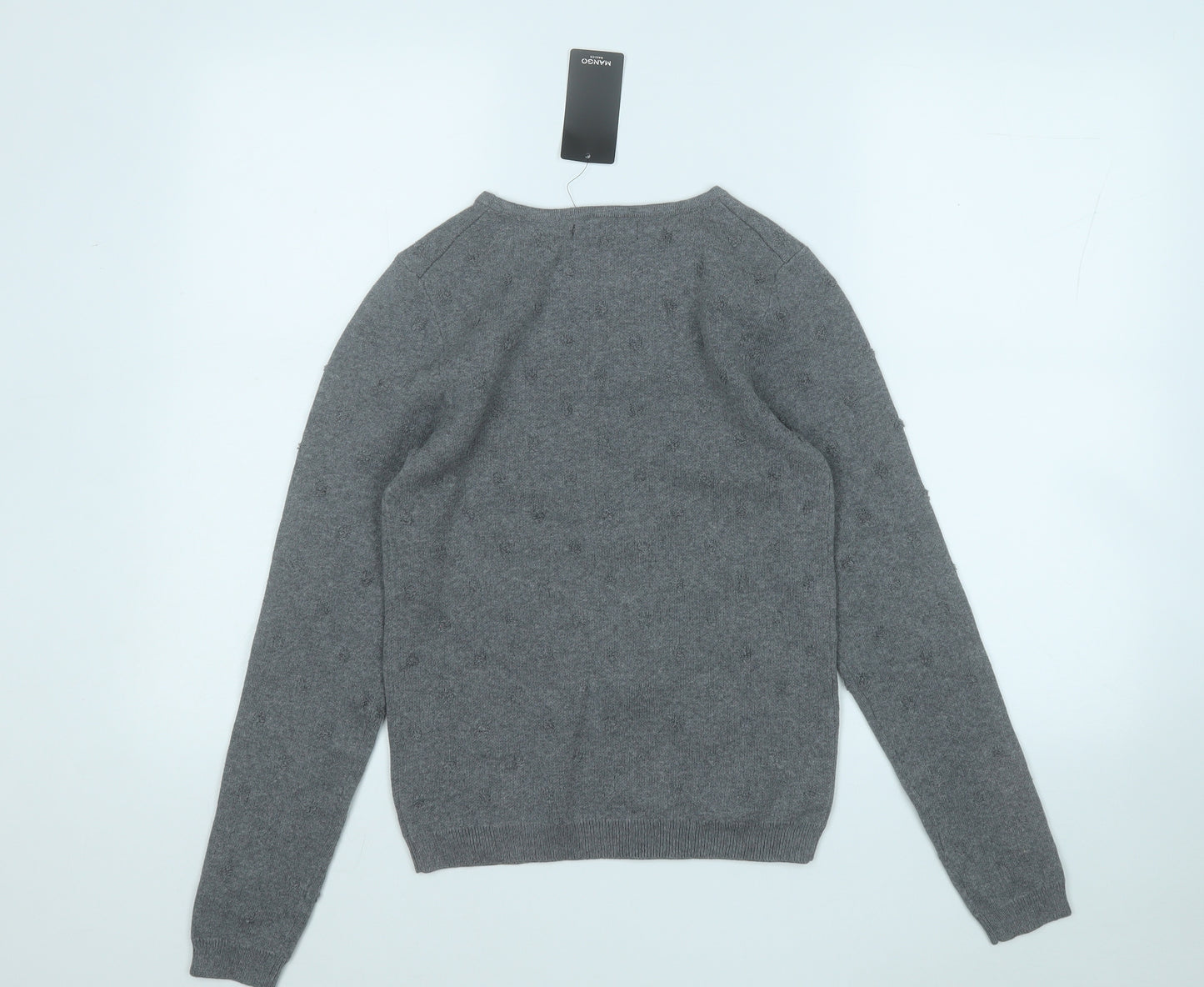 Mango Womens Grey Round Neck Geometric Cotton Pullover Jumper Size S