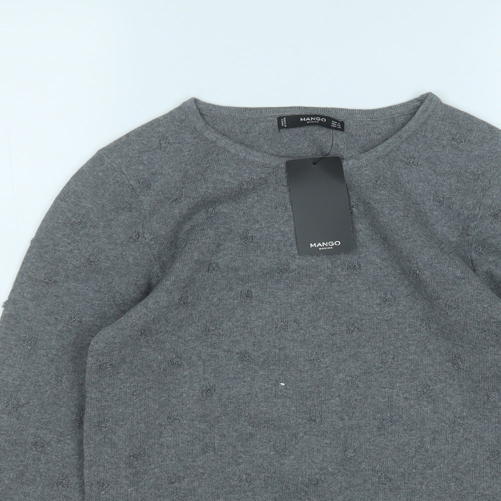 Mango Womens Grey Round Neck Geometric Cotton Pullover Jumper Size S