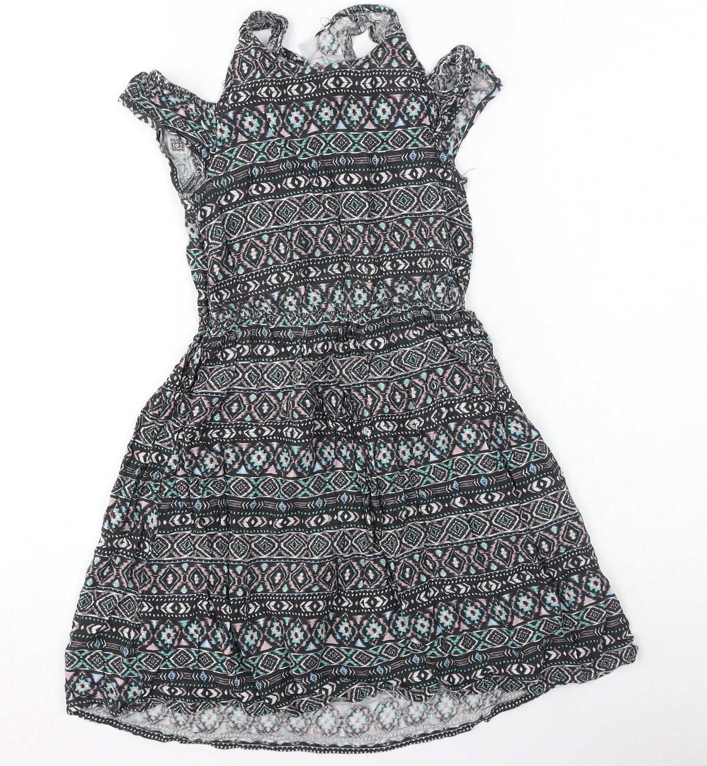Primark Girls Multicoloured Geometric Viscose Fit & Flare  Size 7-8 Years  Round Neck