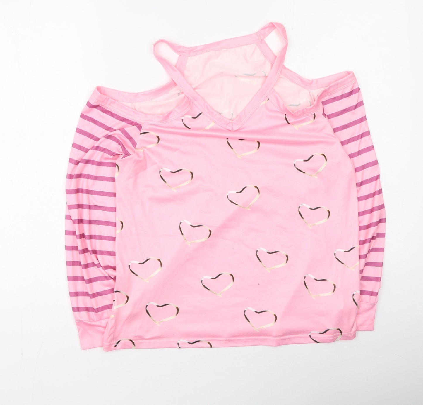 Preworn Womens Pink Striped Polyester Basic Blouse Size L V-Neck