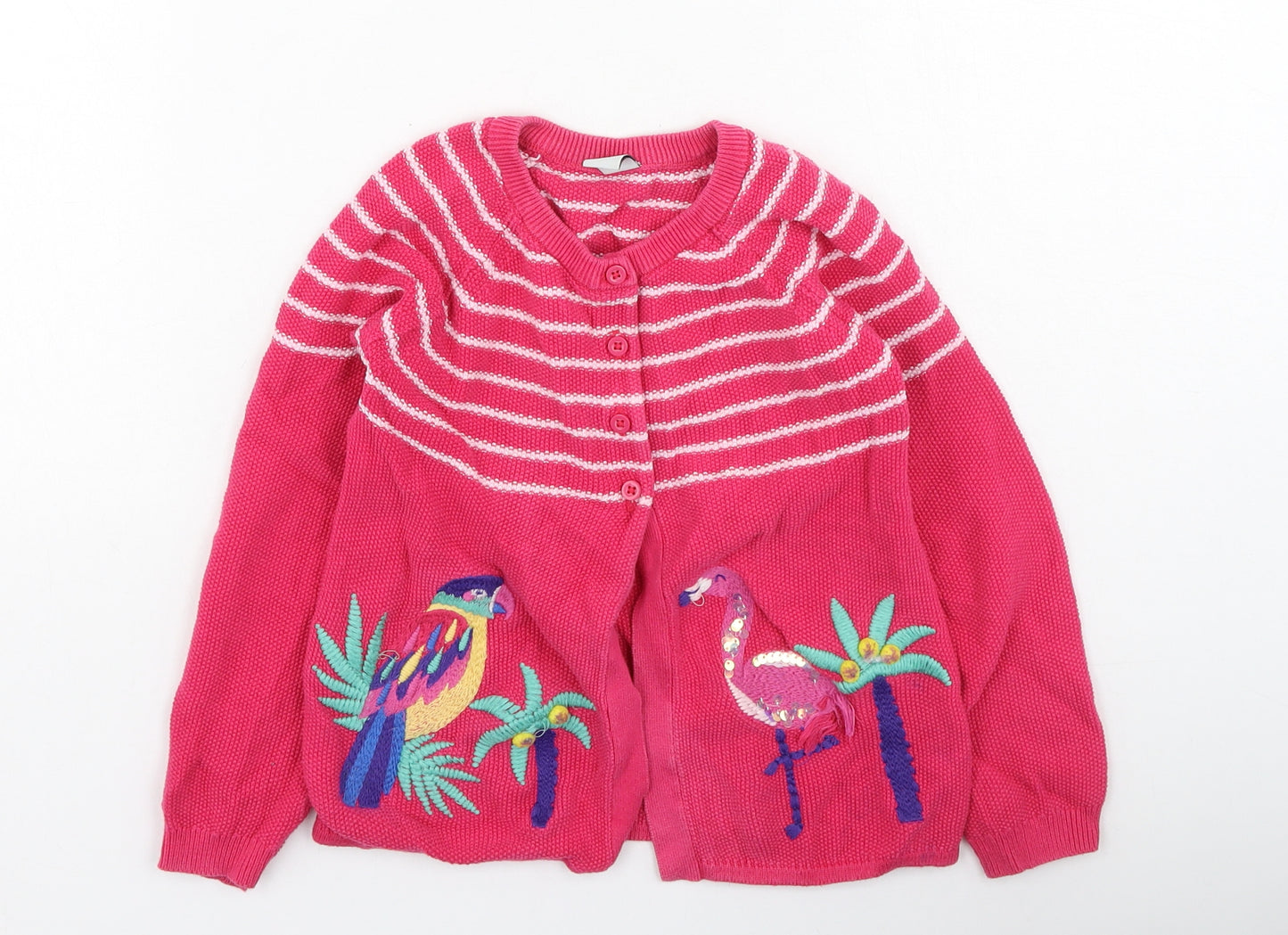 TU Girls Pink Round Neck Striped Cotton Cardigan Jumper Size 5-6 Years