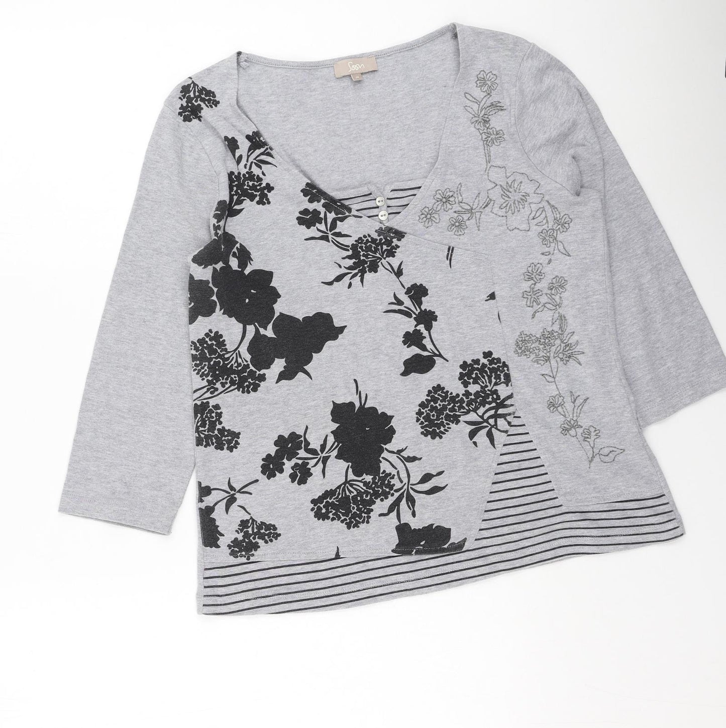 Soon Womens Grey Floral Cotton Basic T-Shirt Size 14 Round Neck