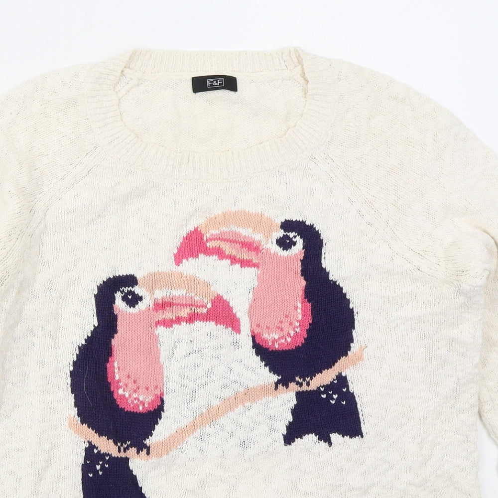 F&F Womens Beige Crew Neck  Cotton Pullover Jumper Size 14   - Birds