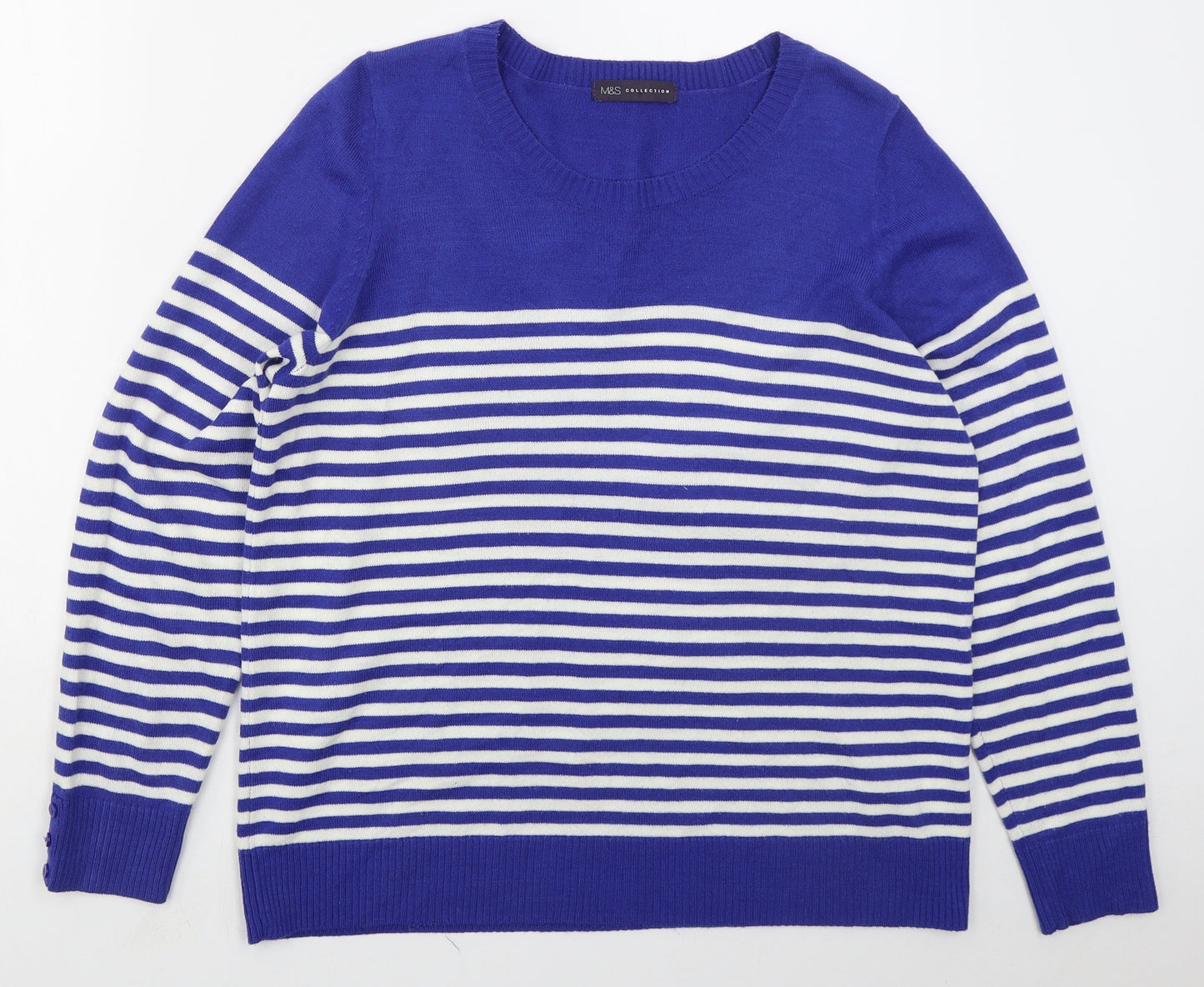 Marks and Spencer Womens Blue Round Neck Striped Acrylic Pullover Jumper Size 18