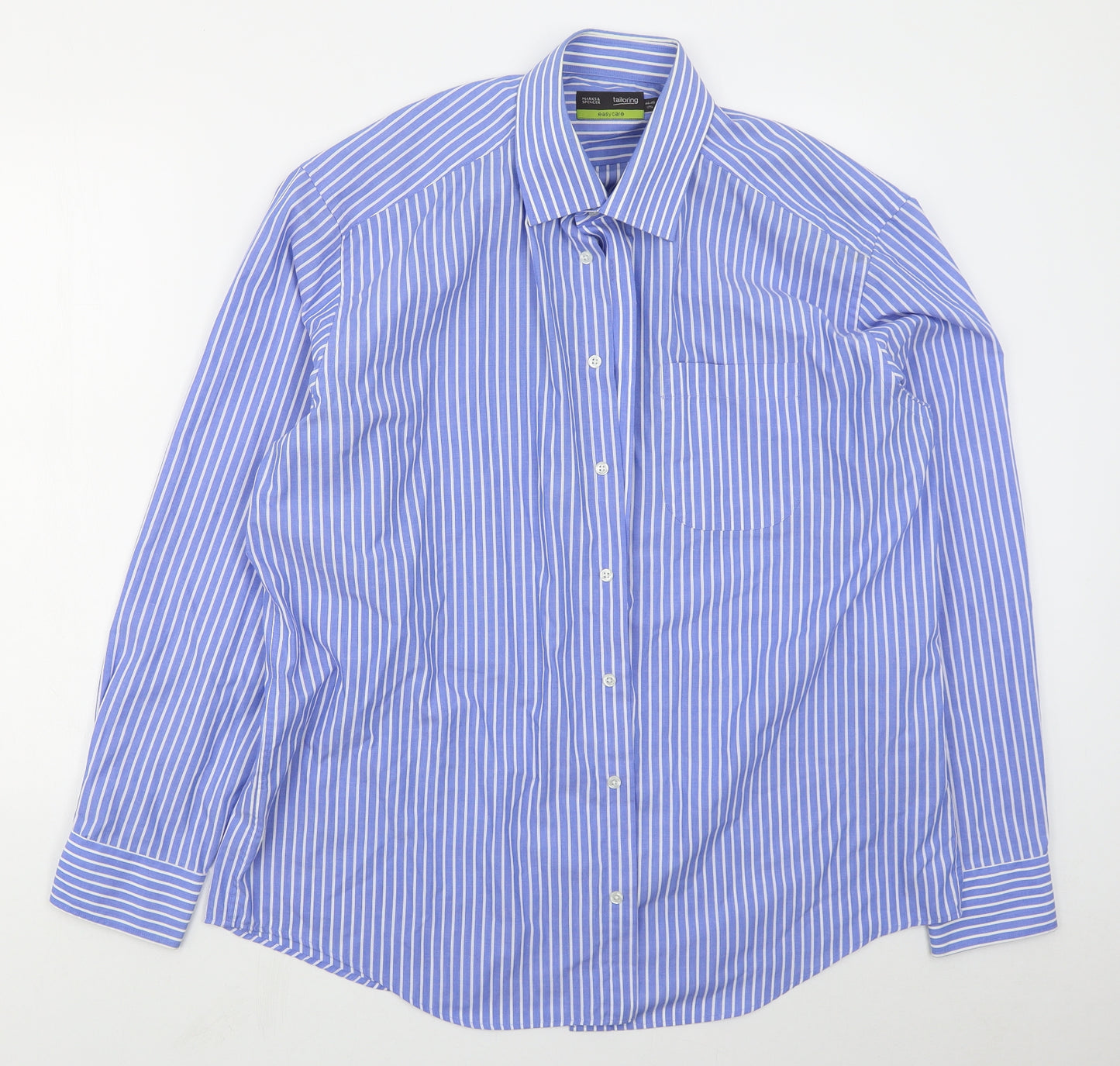 Marks and Spencer Mens Blue Striped Polyester  Dress Shirt Size 17.5 Collared Button