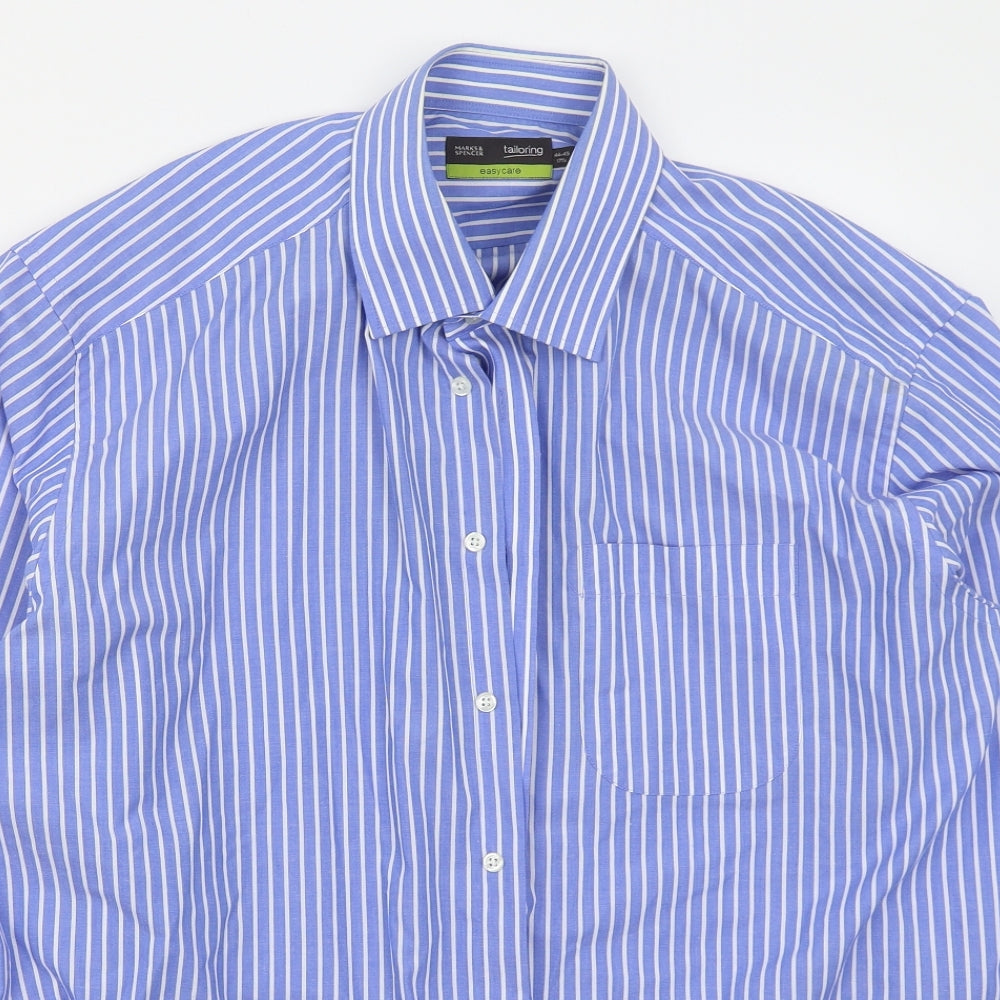 Marks and Spencer Mens Blue Striped Polyester  Dress Shirt Size 17.5 Collared Button