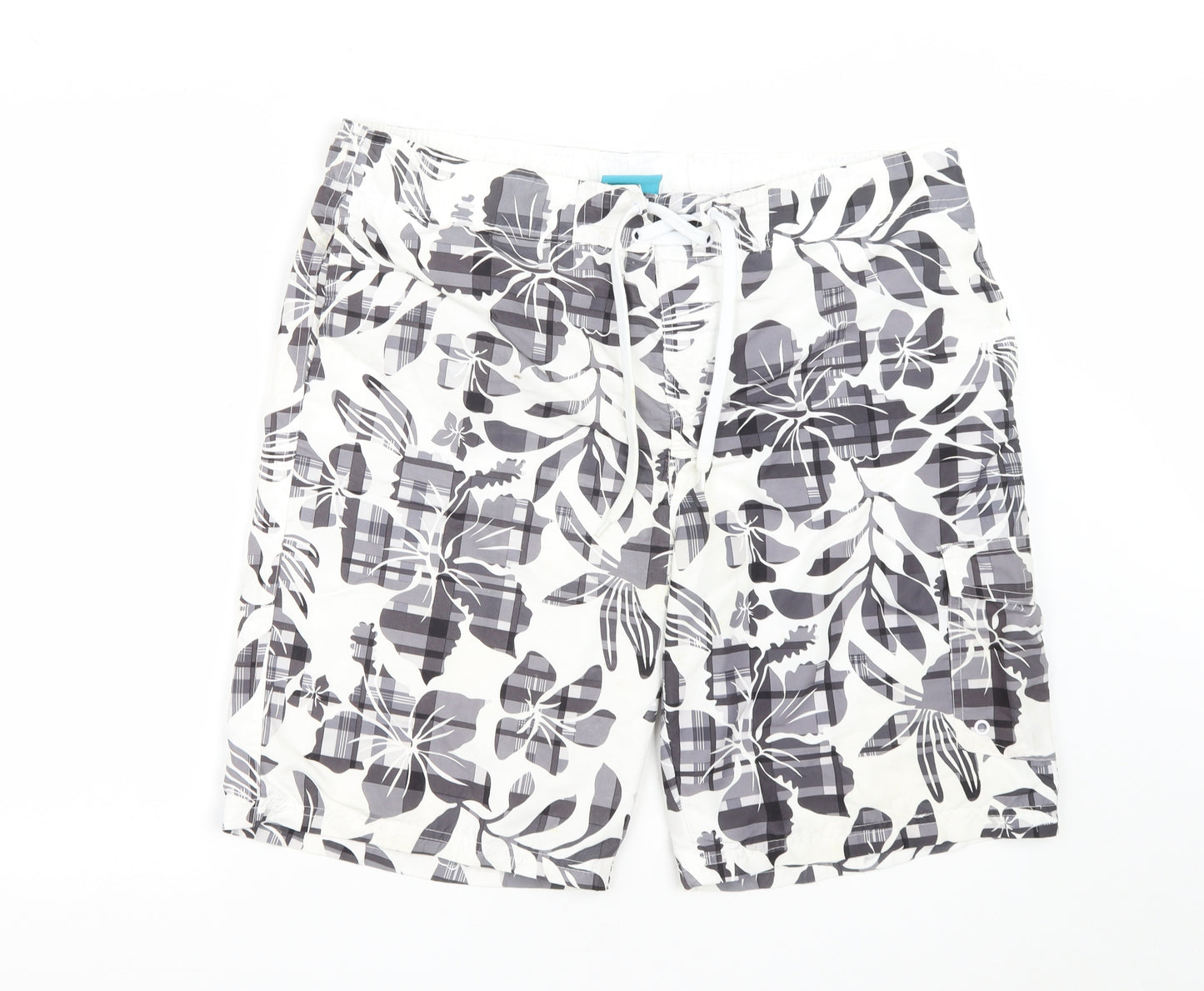 Cedar Wood State Mens White Geometric Polyester Cargo Shorts Size XL L9 in Regular Drawstring - Swimming Shorts